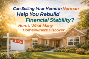 Charming Norman, Oklahoma home with a sold sign, illustrating homeowners rebuilding financial stability by selling their property