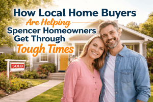 "Happy couple in front of their Spencer, Oklahoma home with a sold sign, representing stress-free home selling with local home buyers"
