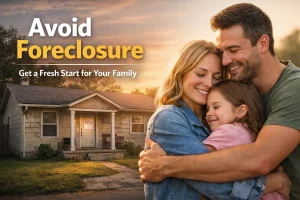 family in front of home avoiding foreclosure with as-is house in Tulsa, Oklahoma showing relief after finding a solution