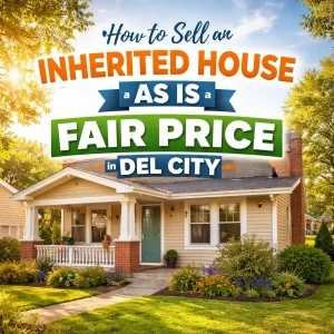 Inherited home in Del City Oklahoma with front porch and yard representing selling an inherited house as is for a fair price