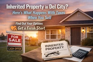inherited-property-del-city-sale Inherited home in Del City Oklahoma with for sale sign representing homeowners selling inherited property and exploring tax considerations
