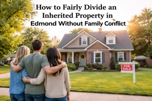 Three siblings standing together in front of an inherited red brick home in Edmond with a for sale sign, representing a peaceful family decision to sell inherited property.