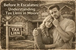 moore-tax-lien-old-photo Sepia-toned photo of concerned Moore homeowners standing in front of their house with a tax lien sign, symbolizing property tax stress