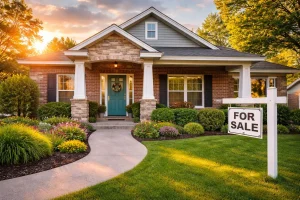 Well maintained brick home with for sale sign at sunset in Muskogee Oklahoma neighborhood