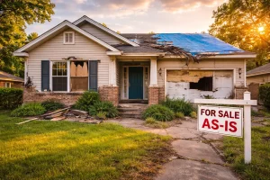 Damaged Norman Oklahoma home with roof and exterior issues being sold as is