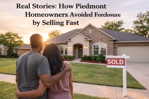 Couple standing in front of their Piedmont Oklahoma home with a sold sign after avoiding foreclosure by selling the property quickly.