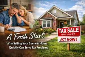Old single family home in Spencer with a tax sale foreclosure sign in the yard showing property tax trouble