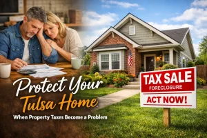 Tulsa homeowners reviewing bills while facing property tax trouble as a tax sale sign stands in front of their house