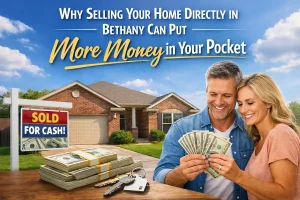 Bethany Oklahoma home sold for cash with happy homeowners holding money in front of a house representing direct home sale benefits