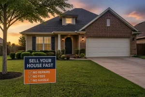 “Suburban home in Broken Arrow, Oklahoma with a sign promoting fast as-is home selling without repairs or fees.”