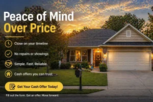 Claremore Oklahoma home at sunset with message about choosing peace of mind over price when selling a house quickly and stress free