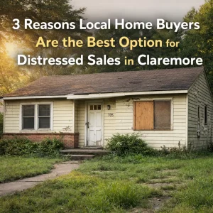 “distressed home in Claremore with sell as-is message showing local home buyer solution for fast stress-free sale”