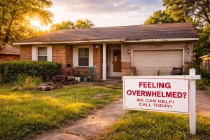 "Older brick home with overgrown yard in Del City Oklahoma showing signs of neglect and homeowner stress"