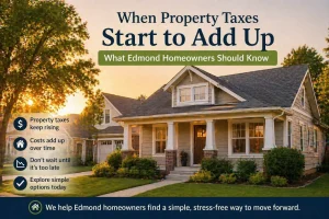 home in Edmond Oklahoma at sunset representing rising property taxes and a simple stress free option to sell without repairs or delays