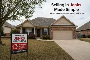 Jenks Oklahoma suburban home with sign about simple home selling no repairs no fees no stress