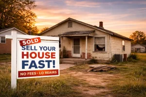 Older home in Midwest City with visible wear and a sign offering a fast, simple sale without repairs