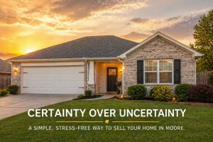 “moore oklahoma home exterior at sunset highlighting a simple and certain stress-free home selling process”