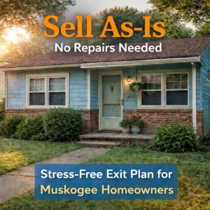 “Older home in Muskogee with slight exterior wear and warm natural lighting, representing a simple as-is home sale without repairs”