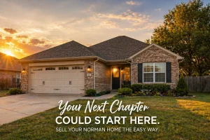 “norman oklahoma home exterior at sunset representing an easy stress-free home sale for local homeowners”
