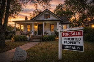 A cozy Oklahoma City home at sunset with a for sale sign, representing an inherited property being sold as is