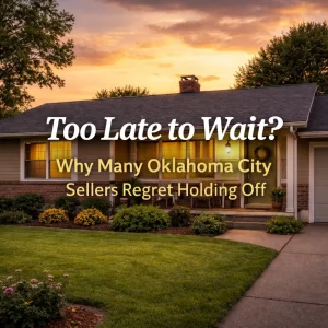 “Oklahoma City home at sunset with warm lighting and welcoming front porch, highlighting a stress-free and fast home selling option”