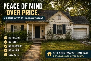 “Older home in Owasso, Oklahoma highlighting a simple as-is home sale with no repairs, no fees, and a stress-free process.”