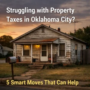 property-tax-home-okc “older Oklahoma City home with visible wear and tear and sunset lighting representing homeowners struggling with property taxes and considering selling as-is”