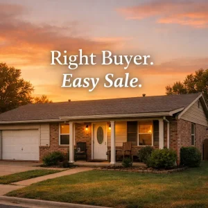 Warm sunset view of a modest Moore Oklahoma home with inviting curb appeal representing a simple and stress free cash home sale