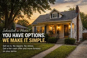 Sand Springs Oklahoma inherited home at sunset with message about selling as is and moving forward without repairs or stress