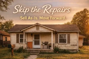 “Older Oklahoma home with visible exterior wear during sunset, representing a simple as-is home sale without repairs”