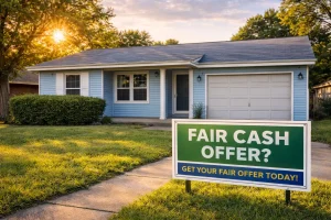 Blue single story home in Spencer Oklahoma with sign offering a fair cash offer for sale