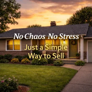 Tulsa Oklahoma home at sunset with warm lighting and text overlay promoting a simple, stress-free cash home selling option