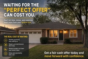 bethany-home-waiting-perfect-offer “Bethany Oklahoma suburban home at sunset showing the hidden costs of waiting too long to sell a house and the benefits of a fast cash home sale”