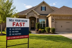 Broken Arrow Oklahoma home with sign about selling a house fast without repairs, fees, or waiting for the traditional market