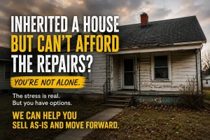 inherited-house-oklahoma-city Inherited house in Oklahoma City needing repairs with message about selling a home as-is after inheritance