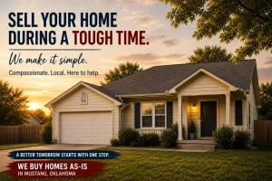 Single family home in Mustang Oklahoma at sunset with text about selling a home during a tough life situation in a simple and stress free way.