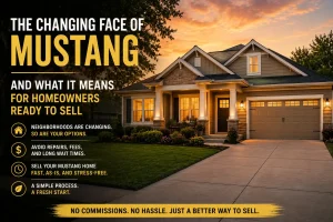 mustang_neighborhood_changes_blog “Modern Mustang Oklahoma home at sunset showing stress free as-is home selling during neighborhood changes and growing housing developments”