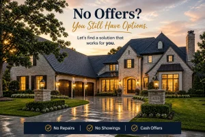 Nichols Hills Oklahoma luxury home at sunset with message about no offers and exploring a faster stress free way to sell a house