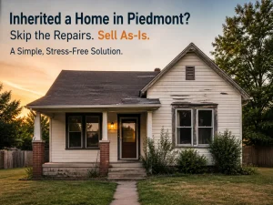 Older inherited home in Piedmont Oklahoma with text about selling as-is without repairs in a simple and stress free way.