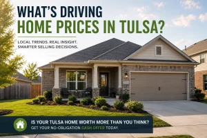 tulsa-home-prices-blog-image "Modern Tulsa Oklahoma home with landscaped yard illustrating local housing market trends and rising home values for homeowners considering selling."